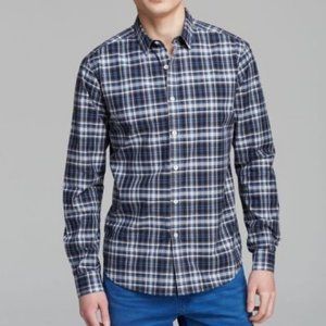 Theory Blue Woven Plaid Mens Shirt Slim Fit